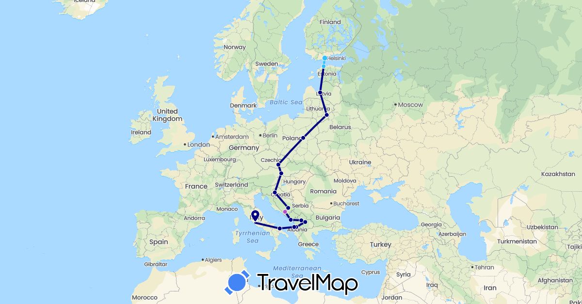 TravelMap itinerary: driving, train, boat in Albania, Bosnia and Herzegovina, Czech Republic, Estonia, Finland, Croatia, Italy, Lithuania, Latvia, Montenegro, Macedonia, Poland, Slovakia, Kosovo (Europe)